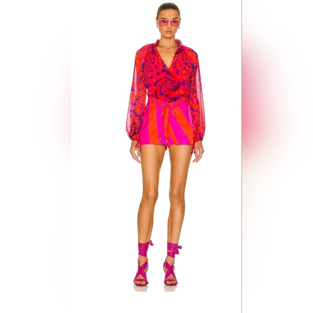 Brandon Maxwell Pink and Orange Striped Drawstring Waist Shorts